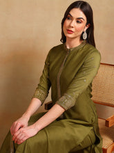 Women Olive Silk Blend Embroidered Straight Kurta Pant Set With Dupatta-PKSKD2372